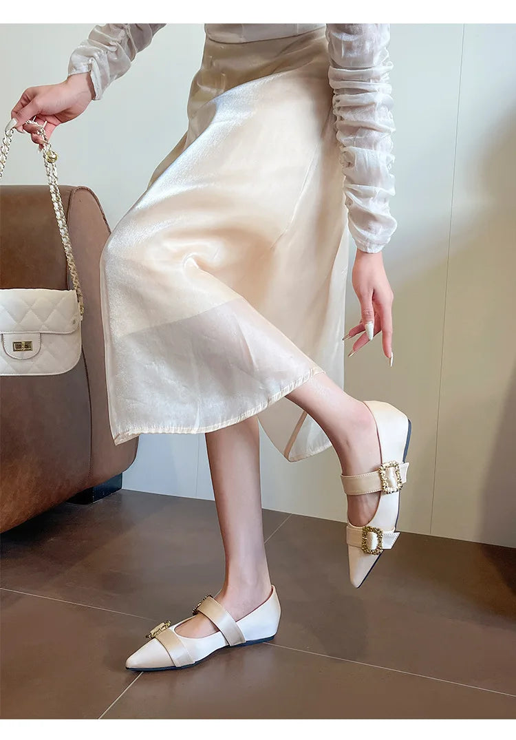 LIZAKOSHT  -  elegant ladies rhinestone buckle flats women pointed toe silk ballerina shoes low heel height increasing crystal loafers size 43