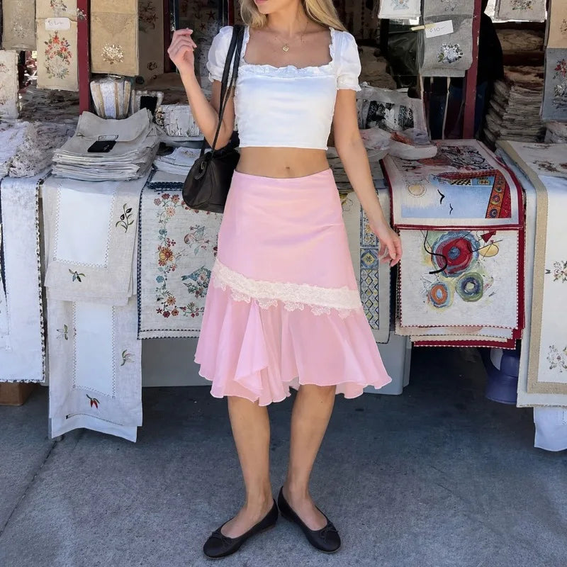 LIZAKOSHT  -  Vintage Sweet Women Summer Lrregular Design Skirt Y2k Aesthetic Spliced Lace Pleated Jupe Casual Vacation Style Streetwear Skirt