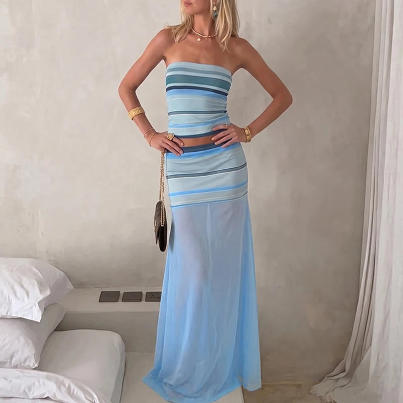 LIZAKOSHT  -  Sexy Strapless Off Shoulder Suit Chic Striped Backless Splice Outfit Casual Sleeveless Vest+Mesh Semi Transparent Skirt 2pc Set