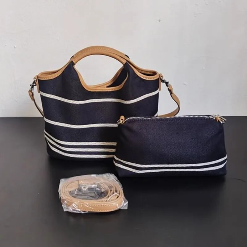 LIZAKOSHT  -  Retro Blue Stripe Handbag Women Color Block Large Capacity Shoulder Bags Ladies Fashion Casual Versatile Commute Crossbody Bags