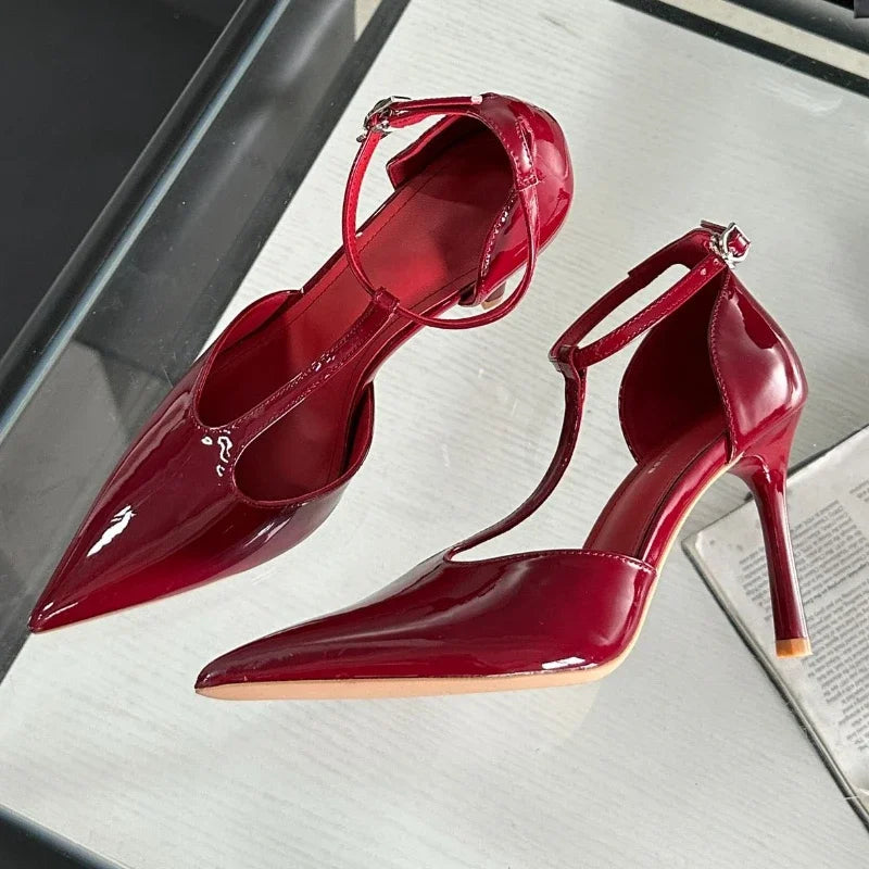 LIZAKOSHT  -  Sexy Red High Heels Women Pointed Toe Party Dress Shoes T-Strap Patent Leather Elegant Slingback Thin Heels Female Sandals Women
