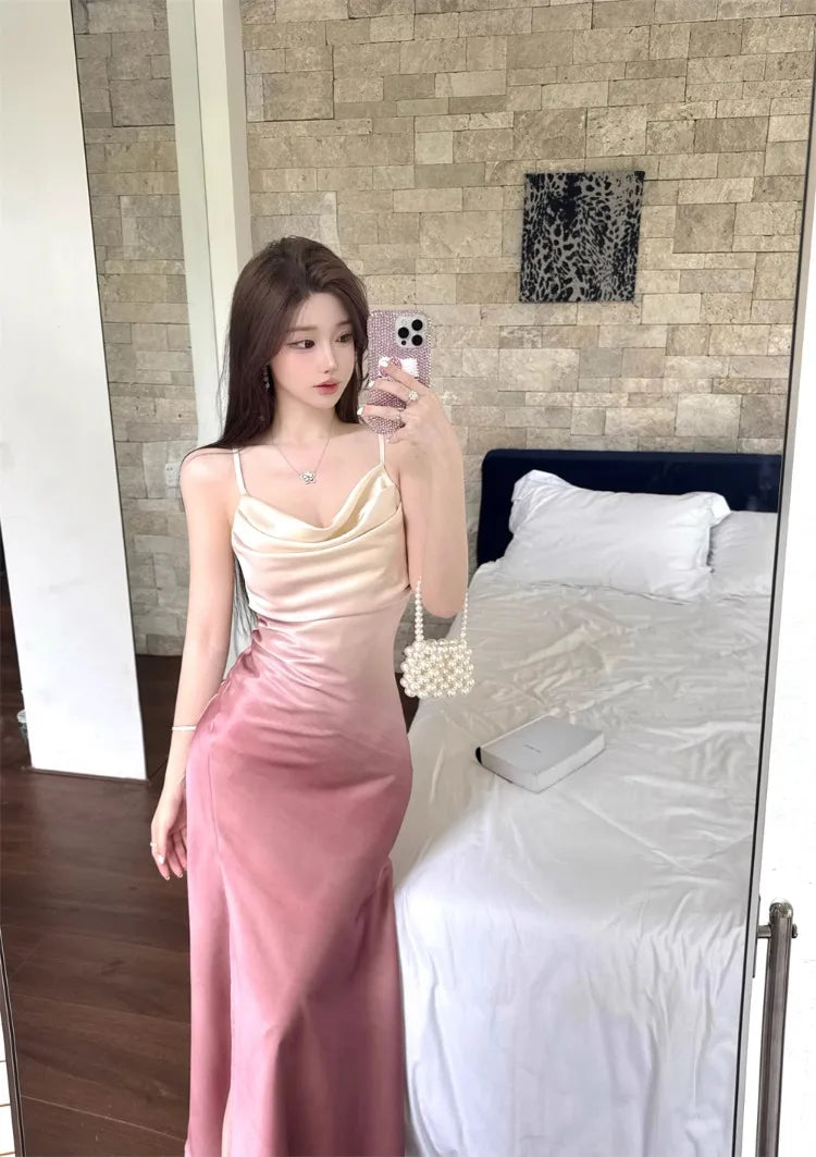LIZAKOSHT  -  Fashion Sexy Dresses Women Elegant Sleeveless Slash Neck Split Ruched Backless Gradient Dresss Party Female Club