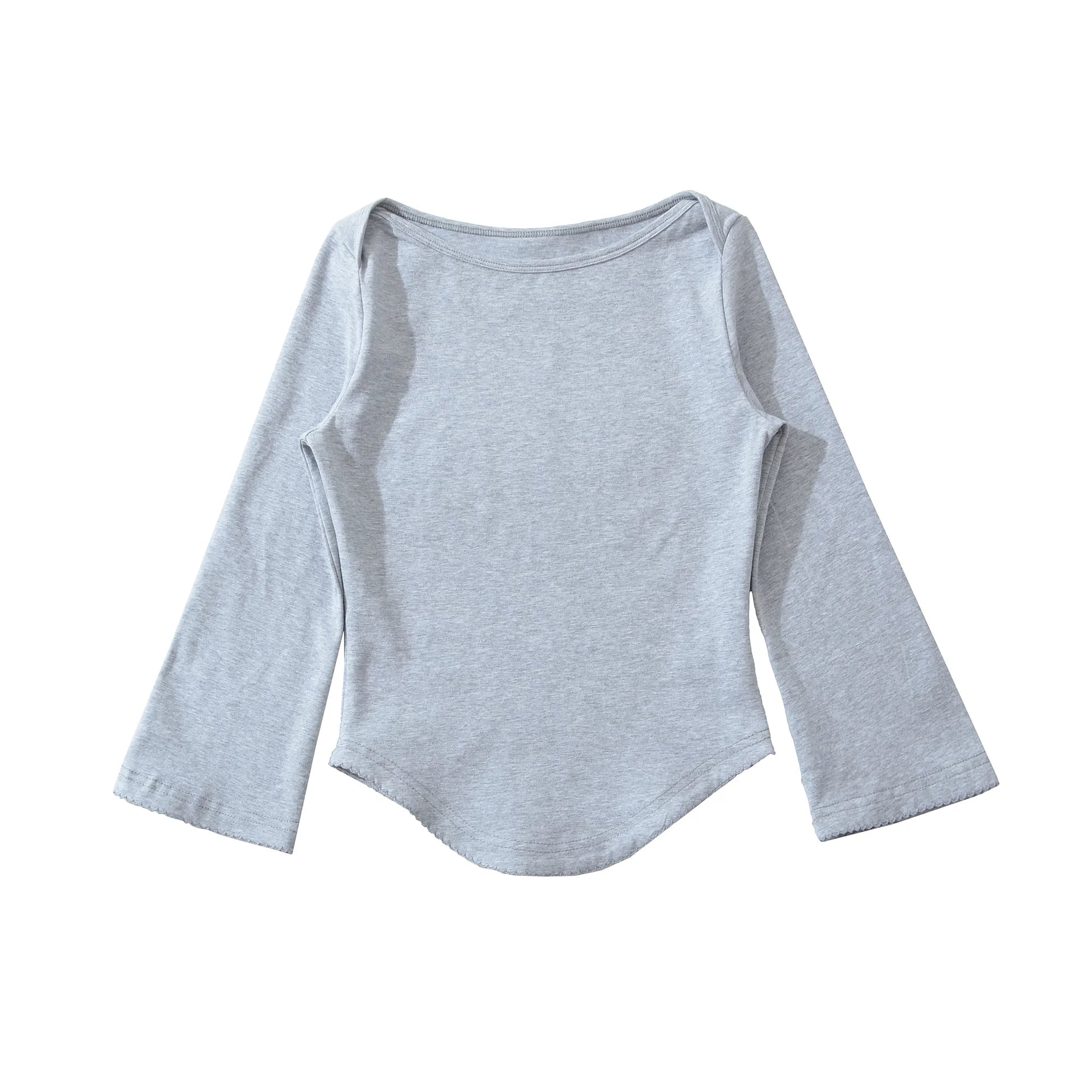 LIZAKOSHT  -  4 colors Summer Plain Color Slash Collar Jersey 3/4 Flare Sleeve Tee Women Skinny Slim fit Base Short T-shirts Crop Top Gray