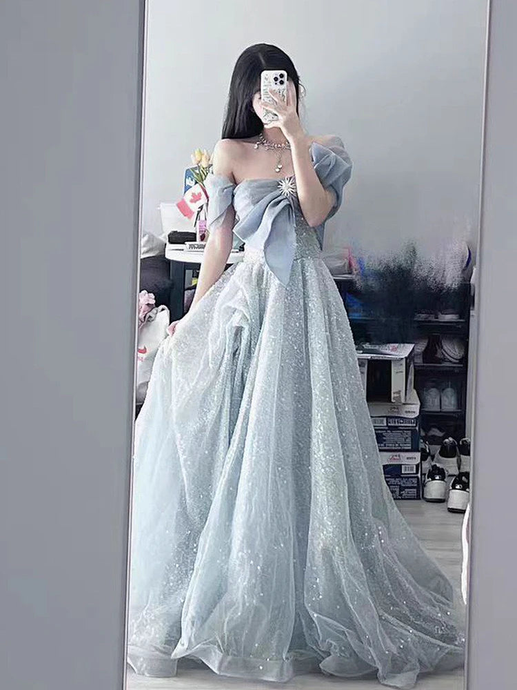LIZAKOSHT  -  Grey Blue Evening Dress A-line Off The Shoulder Lace Up Shiny Sequined Bow Strapless Beading Backless Celebrity Prom Gowns New