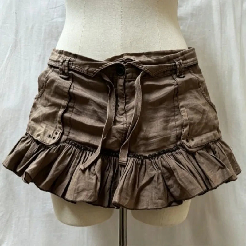 LIZAKOSHT  -  Y2k Euramerican Vintage Turn Down Lace Up Fashion Skirt Harajuku Gothic High Street Ruffle Edge Jupe Spice Girl Punk Skirts