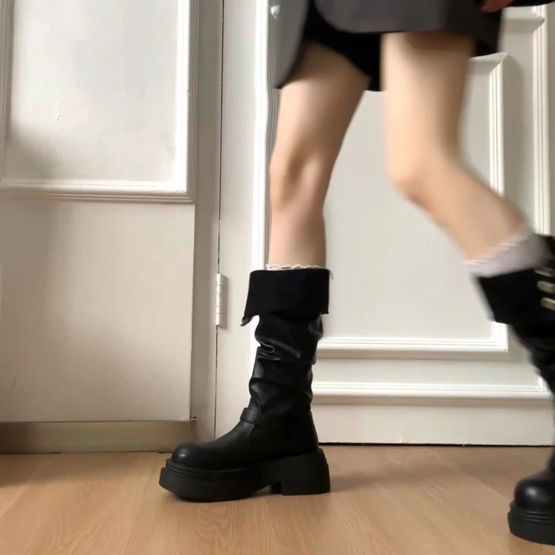 LIZAKOSHT  -  Autumn Winter Platform Thick Bottom Woman Knee High Boots Shoes Ladies Elegant Belt Buckle Knight Booties