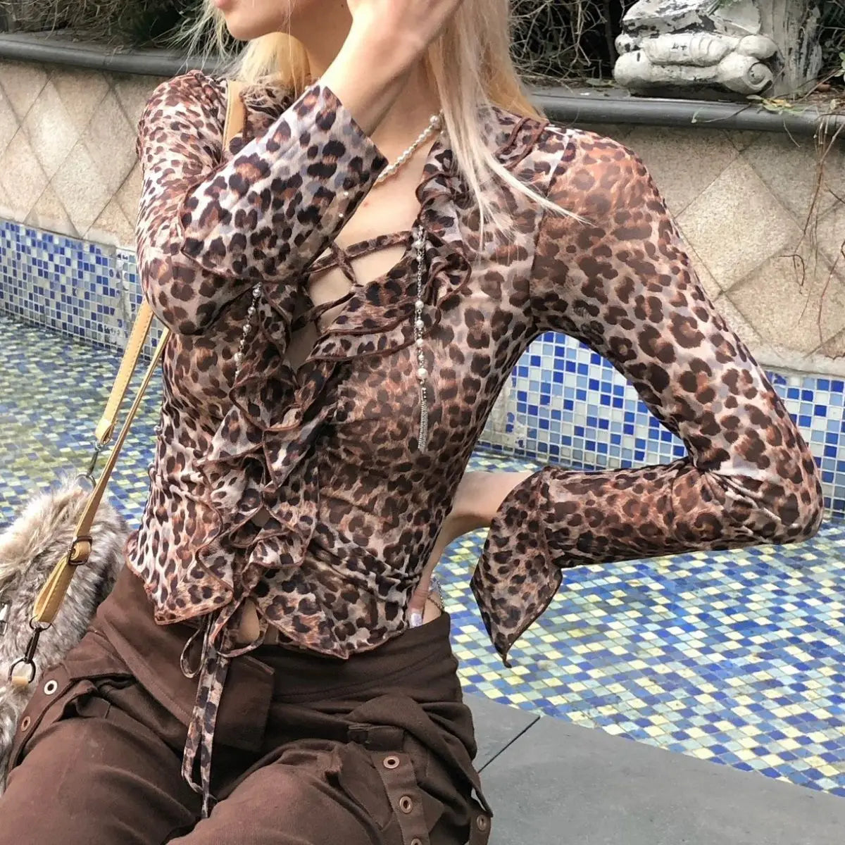LIZAKOSHT  -  Tops High Quality Leopard Mesh Chiffon Lace-Up V Neck Long Flare Sleeve Print T-Shirt Blouse Femme Women Fashion Loose Tops