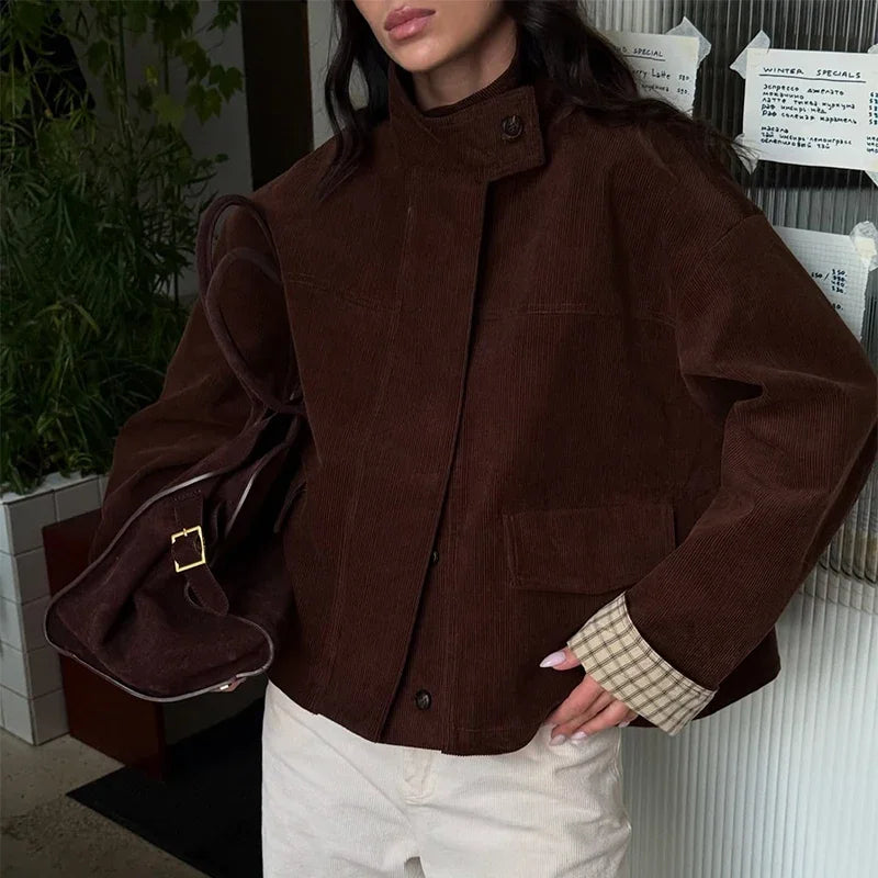 LIZAKOSHT  -  Autumn Chic Plaids Linen Solid Corduroy Coats Elegant Female Stand Collar Zipper Long Sleeves Jacket Fashion Lady Street Outwear