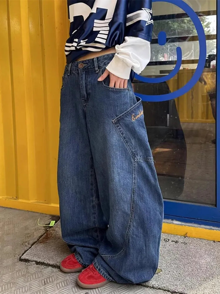 LIZAKOSHT  -  Cyber Y2K Streetwear Blue Wide Leg Baggy Harem Jeans Pants For Women Designer Clothes Multi Pockets Straight Lady Trousers