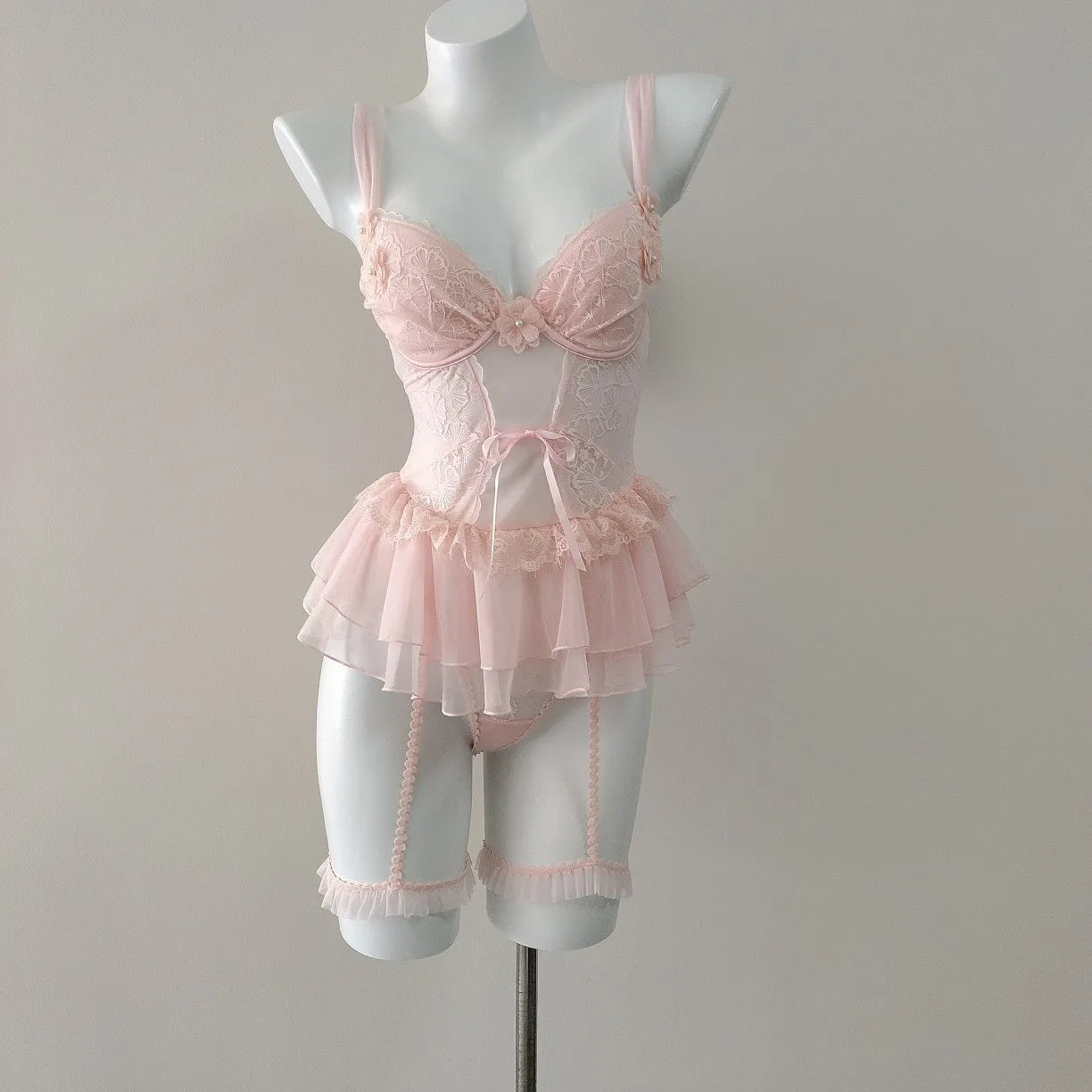 LIZAKOSHT  -  Romantic Flower French Sexy Lingerie Corset Vest Slim Waist Lace Mesh Fishbone Bra Nightdress with Panty Underwear Set Sleepwear