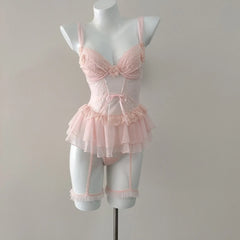 LIZAKOSHT  -  Romantic Flower French Sexy Lingerie Corset Vest Slim Waist Lace Mesh Fishbone Bra Nightdress with Panty Underwear Set Sleepwear