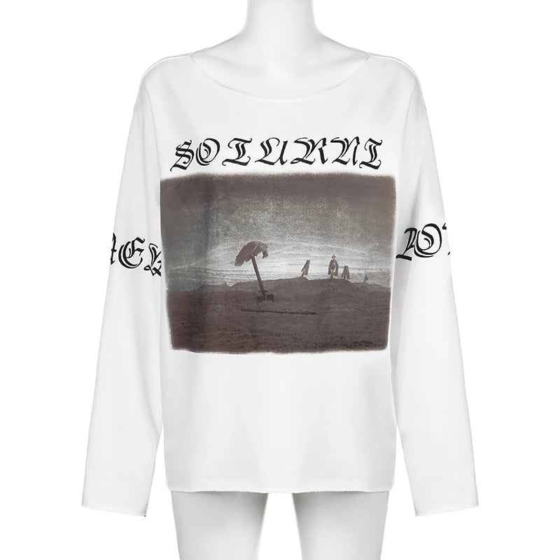 LIZAKOSHT  -  Vintage Letter Print Casual Tops Streetwear Off Shoulder Full Sleeve T-shirts All-match American Style Long Tees Autumn