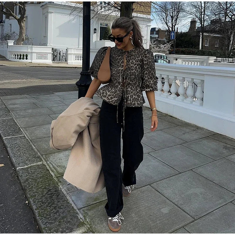 LIZAKOSHT  -  Sexy Leopard Print Bow Lace Up Hollow Out Shirts Women O-neck Ruffles Puff Short Sleeve Top Female Summer Lady Streetwear