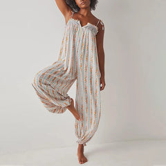 LIZAKOSHT  -  Elegant V-neck Tie-up Suspender Romper Casual Sleeveless Loose Women Jumpsuit Vintage Pattern Print High Waist Summer Playsuits