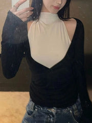 LIZAKOSHT  -  Y2k Aesthetic Two-piece Set Sexy A Deep V-Neck Slim Fit T-shirt + Half High Sleeveless Vest Autumn Vintage Grunge Suit