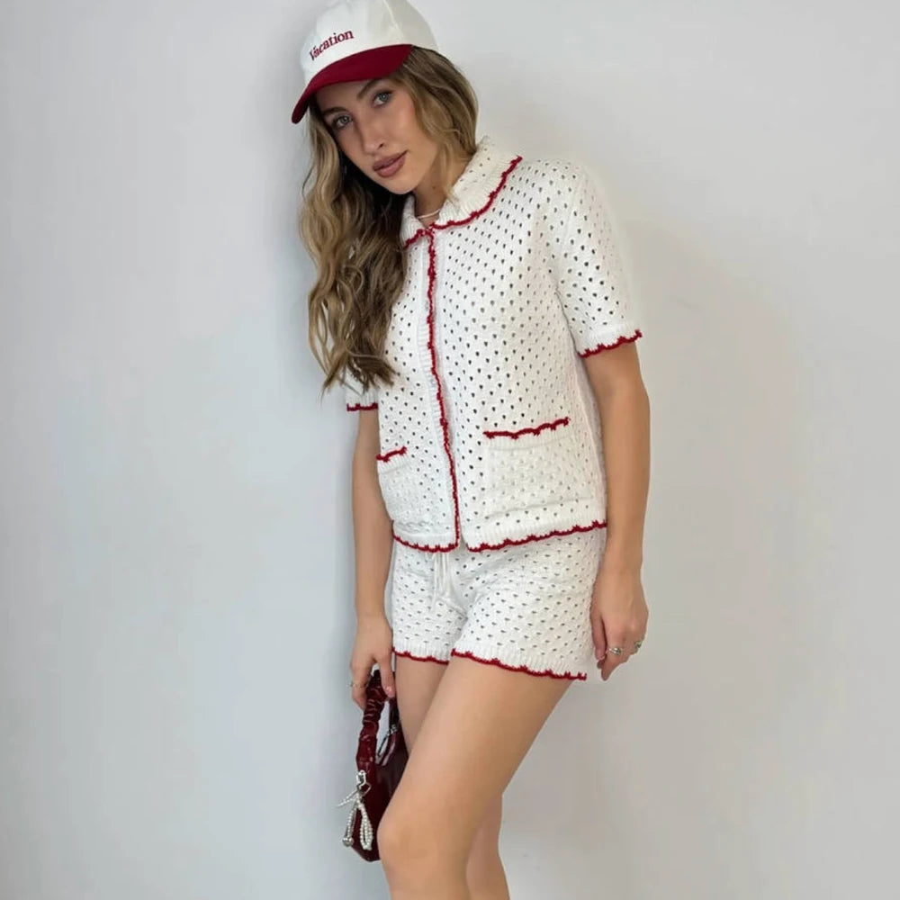 LIZAKOSHT  -  Knitted Shorts Set Fashion Casual Clashing Cardigan Top Lace Up Shorts Set Women  Vacation Sports Knitted Shorts Set