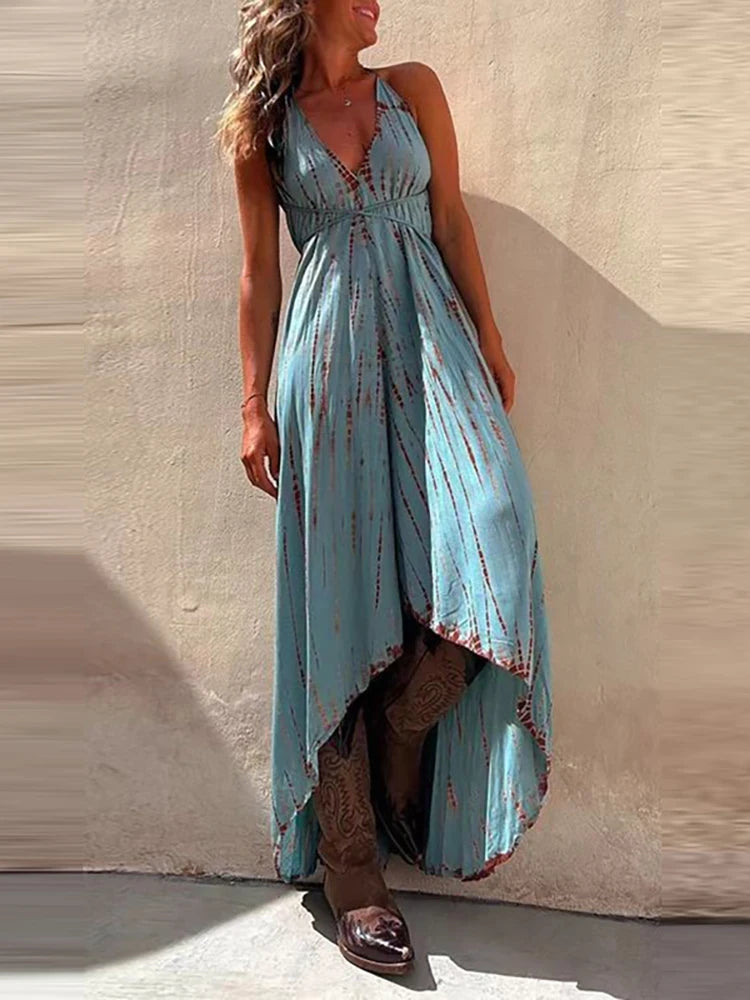 LIZAKOSHT  -  Women's Sexy Backless Hollow Out Irregular Dress Fashion Lace-Up Swing Long Dresses Elegant Hanging Neck Sleeveless Party Dress