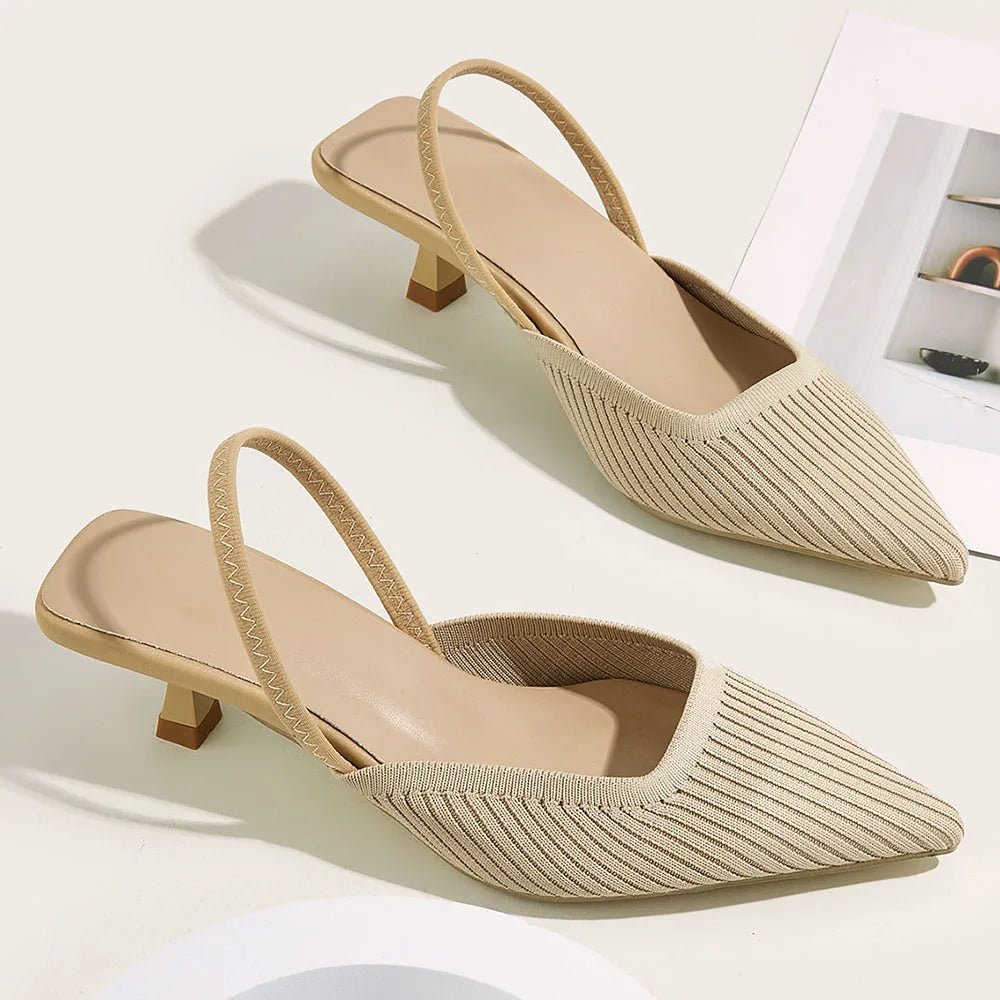LIZAKOSHT  -  Elegant Black Kitten Heels Slingback Sandals Women Green Yellow Pointed Toe Slip On Knitting Red Office Lady Shoes Big Size 42