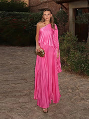 LIZAKOSHT  -  Fashion Solid Draped Tube Long Dress For Women Skew-collar Off The Shoulder Irregular Robe 2025 Summer Chic Female Party Dresses