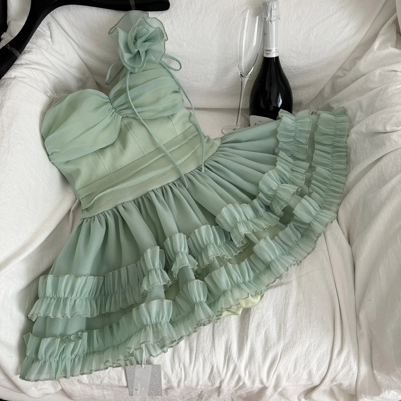 LIZAKOSHT  -  Fairy Dresses Summer French 3D Flower Sleeveless Strapless Fluffy Short Skirt Mesh Cake Dress for Women Vestidos