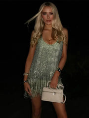 LIZAKOSHT  -  Fashion Sequin Tassel Mini Dress For Women Sleeveless O-neck Feather Female Dresses 2025 Summer Elegant Beach Female Ball Gown
