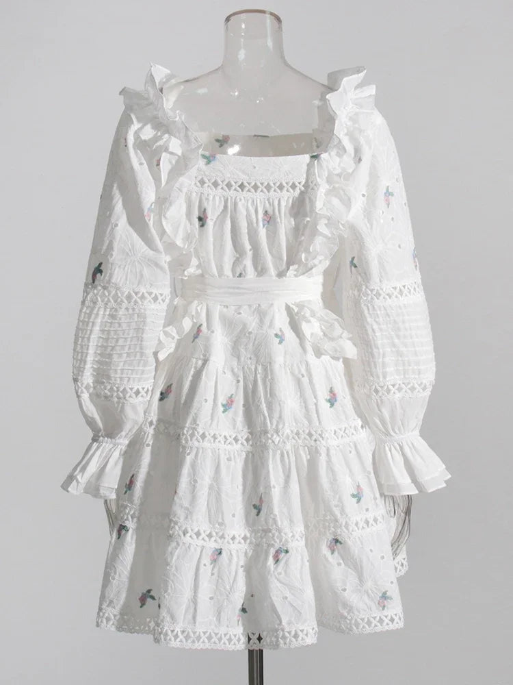LIZAKOSHT  -  Embroidery Hollow Out Mini Dresses For Women Square Collar Puff Sleeve High Waist Printing Lace Up Dress Female Summer