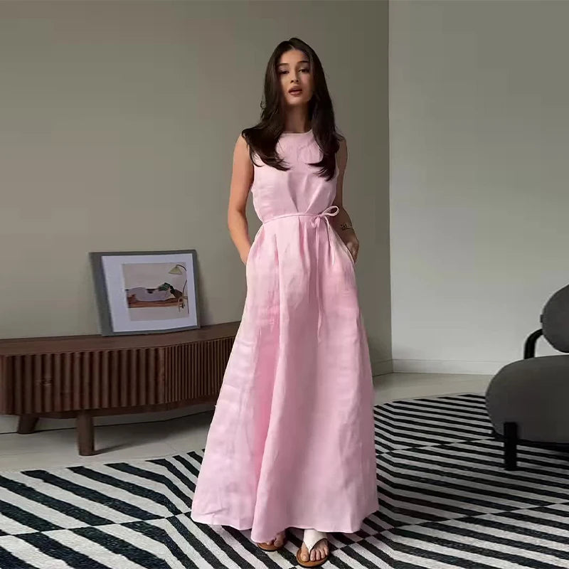 LIZAKOSHT  -  Lace Up Sleeveless Maxi Dresses Woman Cotton Linen Loose  O-neck Long Dress Ladies Casual Solid Colors Summer Office Robe