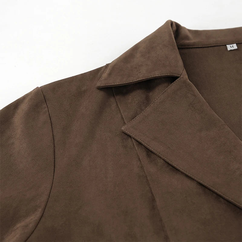 LIZAKOSHT  -  Retro Brown Lace Up Shorts Suede Jacket Elegant Female Lapel Long Sleeves Slim Coats Autumn Chic Lady High Street Outwear