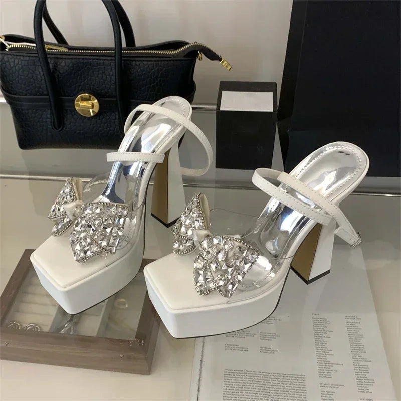 LIZAKOSHT  -  Luxury Rhinestone Transparent Platform Sandals Women Open Toe Summer Fashion Slingback Party Dress Shoes Crystal Bow High Heels