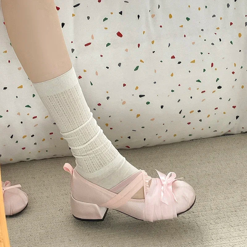 LIZAKOSHT  -  Lace Cross Strap Women Mary Jane Shoes Fashion Sweet Butterfly-knot Thick Heel Shoes Spring Autumn Ladies Elegant Dress Pumps