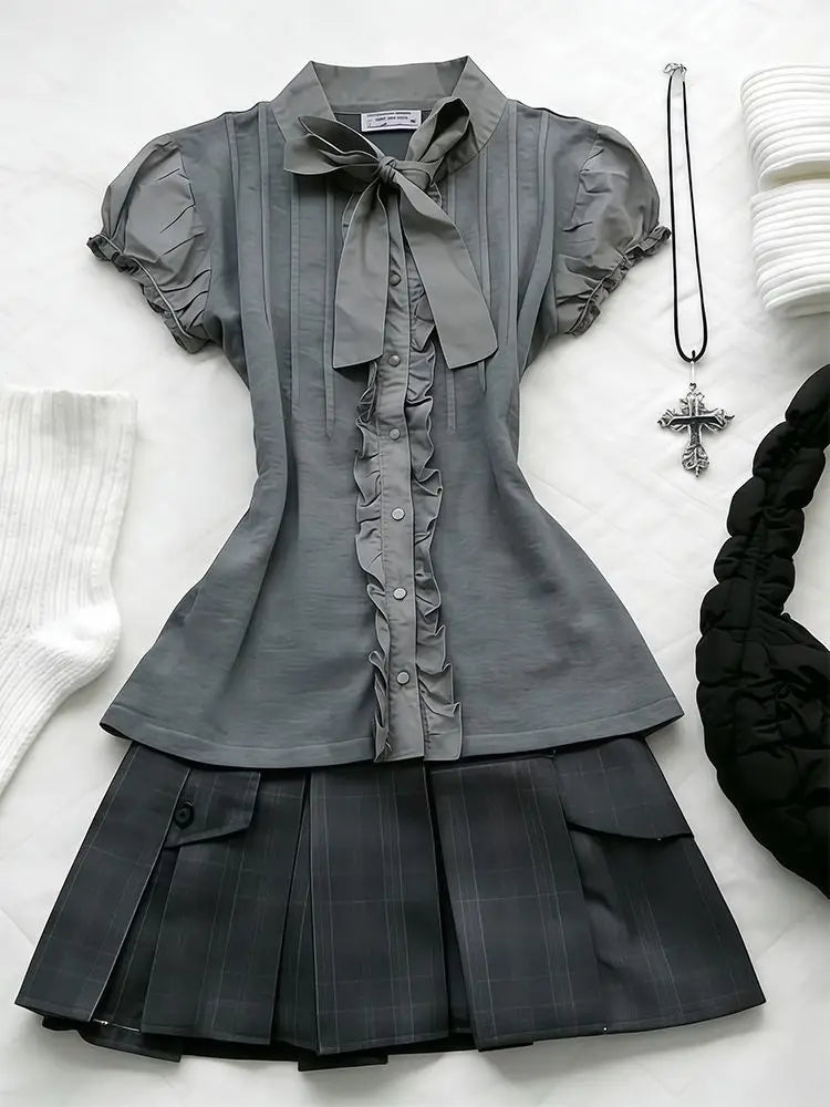 LIZAKOSHT  -  Preppy 2-Piece Set Dresses American Retro Goth Top+Skirt Y2k 2000s Japanese Harajuku Hot Girl Women's Dress Fashion Grunge Chic