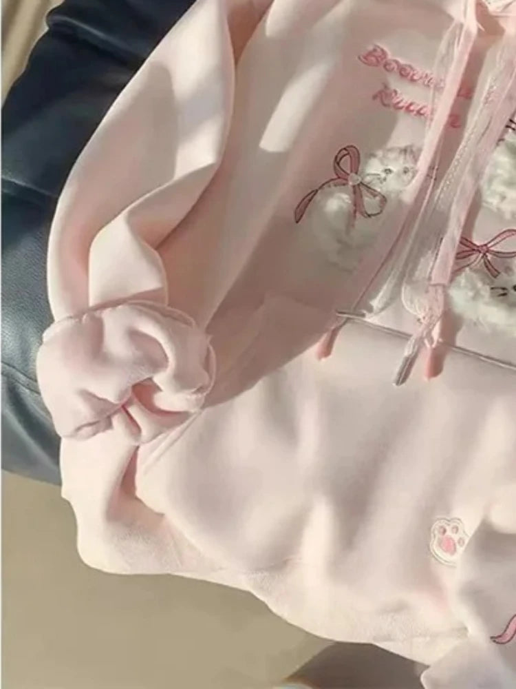 LIZAKOSHT  -  Cute Cartoon Bow Hoodies Women Loose Sweet Lace Patchwork Kawaii Sweatshirts Preppy Style Spring Long Sleeve Pink Tops New