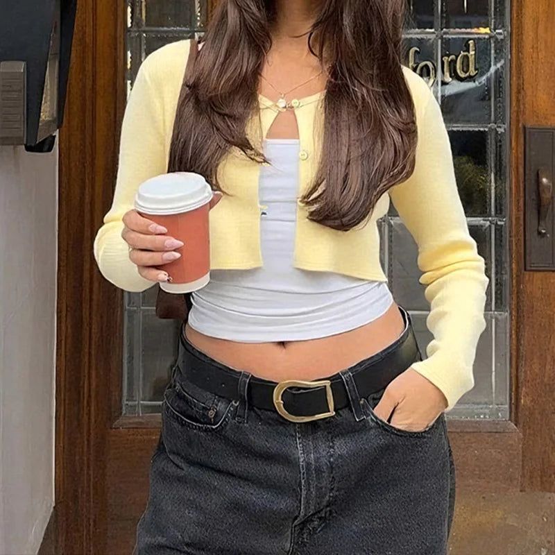 LIZAKOSHT  -  Elegant Women's Clothing 2025 Knitted Ribbed Early Autumn Long-sleeved Buttons Cardigan Cropped Cardigan Tops Outerwear