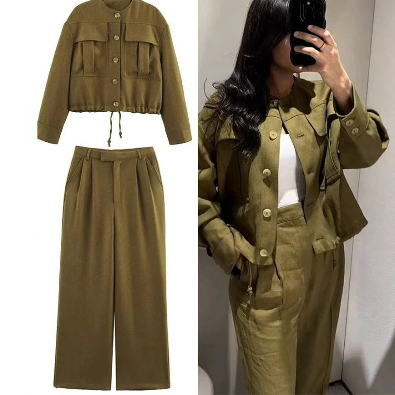LIZAKOSHT  -  Spring and Autumn American Retro Three-dimensional Pocket Jacket High Waist Straight Pants Women's Suit
