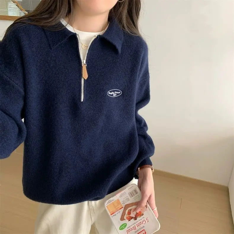 LIZAKOSHT  -  Sweaters Half Zipper POLO Neck Women Girls Vintage Preppy Sweatshirt Jumper Gray Khaki Loose Long Sleeve Pullover Korean Fashion