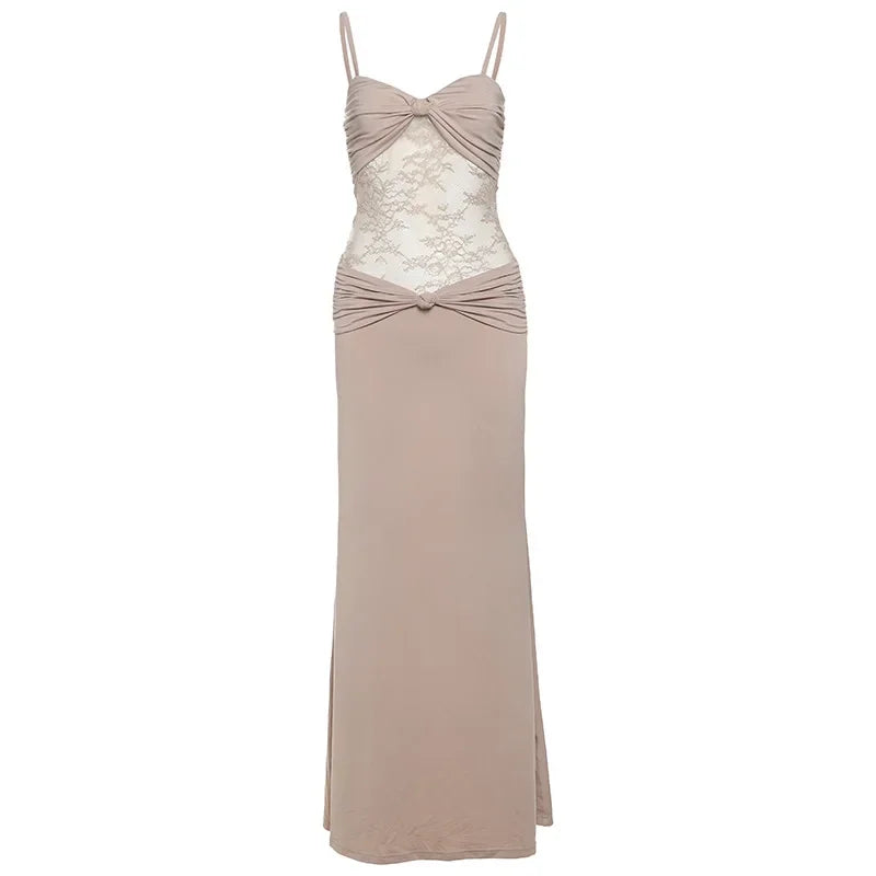 LIZAKOSHT  -  Women Sexy Sheer Lace Mesh Patchwork Knot Camisole Bodycon Maxi Party Dress Ruched Spaghetti Straps Backless Clubwear Long Robe