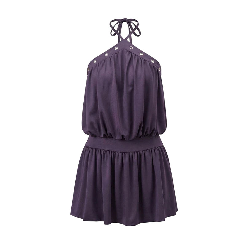 LIZAKOSHT  -  Women Y2k Halter Mini Dress Coquette Drop Waist Backless Bubble Dress Elegant Lady Cocktail Party A Line Mini Dress