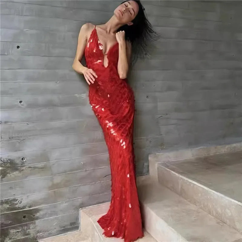 LIZAKOSHT  -  Glitter Sequins Spaghetti Straps Women's Long Maxi Dress Sleeveless Backless High Waist Sexy Evening Birthday Party Gown