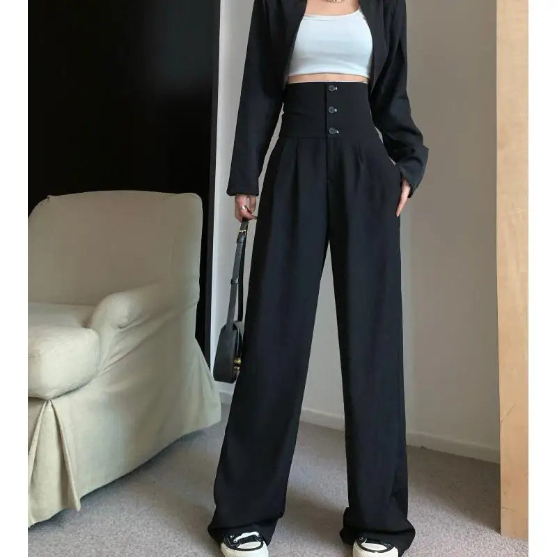 LIZAKOSHT  -  Autumn Trend High-waisted Hong Kong Style Slim Fit Wide-leg Suit Pants for Women Ins Unique Niche Casual Floor-length Pants