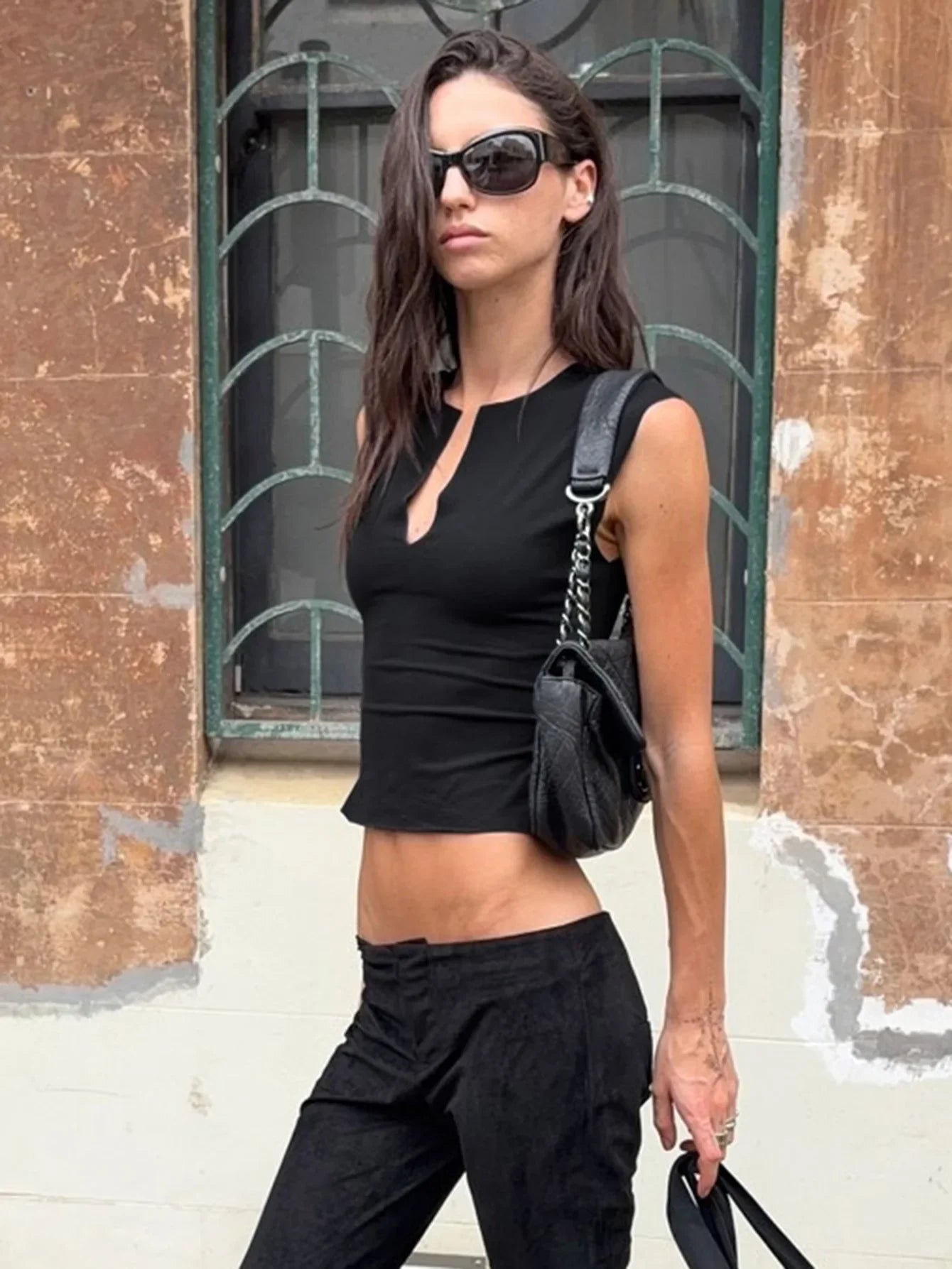 LIZAKOSHT  -  Women Fashion Hollow Out V Collar Short Tops Chic Sleeveless Solid Color High Waist Elegant Blouse Lady Commute New Vests
