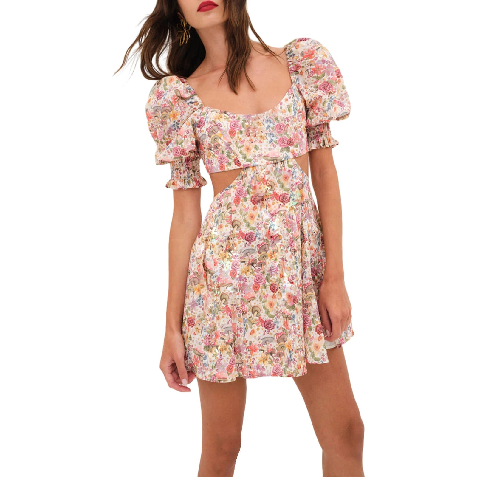 LIZAKOSHT  -  Women s Summer Floral Print Dress Short Puff  Square Neck Cutout Waist  Mini A-Line Dress