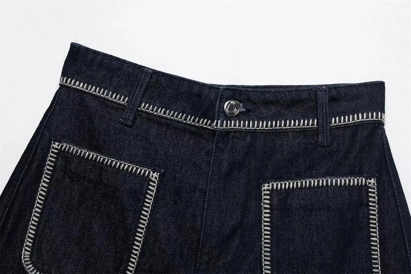 LIZAKOSHT  -  Fashion Denim Shorts For Women Summer 2025 New Casual Black Zipper Pockets Short Pants Chic Bright Line Decoration Mini Shorts