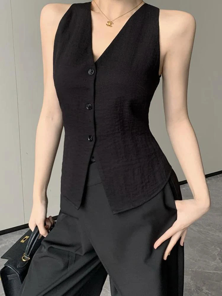 LIZAKOSHT  -  Women's V-Neck Single Breasted Sleeveless Vest New Fashion Summer Linen-Blend Waistcoat For Women Casual Chic Ladies Vest Tops