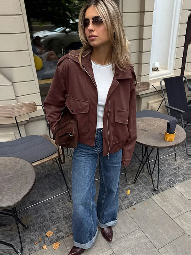 LIZAKOSHT  -  Casual Flip Collar Zipper Pocket Jacket Woman Solid Color Long Sleeves Loose Street Coats Chic Women's Warm Early Autumn Jackets