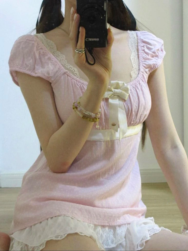 LIZAKOSHT  -  Polka Dot Ribbon Slim T-shirt Blouse Women Summer Square Collar Bow Lace-up Puff Sleeve Shirts Casual Sweet Vintage Tshirts New