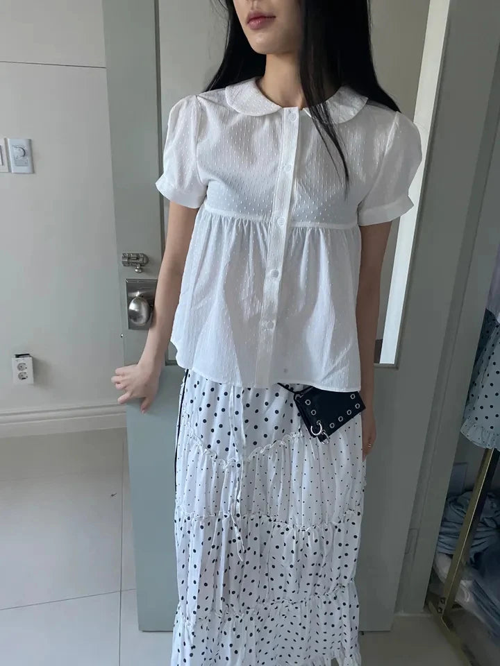 LIZAKOSHT  -  Mint Green Polka Dot Half Skirt with Lace Splicing Retro  Style Korean Waist Design Polyester Fabric H-Shape Long Skirt