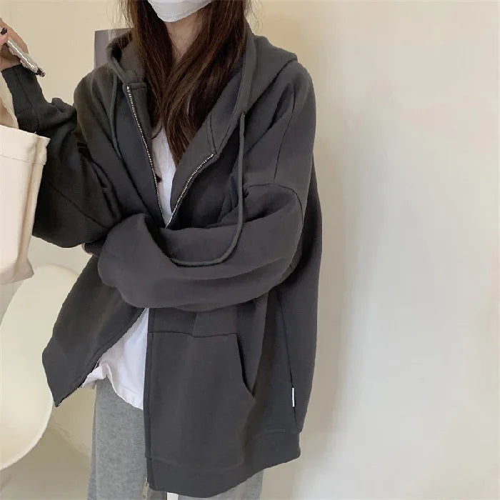 LIZAKOSHT  -  Women Zipper Sweatshirts Loose Oversize Casual Large Pocket Drawstring Hoodie Thin Solid Sporty Unisex Streetwear Sweatshirts