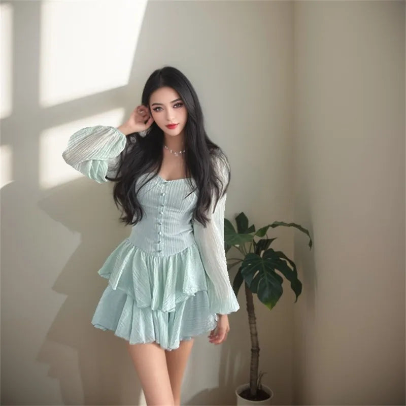 LIZAKOSHT  -  Casual Fashion Spring and Summer New Ruffles Patchwork Square Collar Long Sleeve High Quality Dress Solid Color Women's Clothing