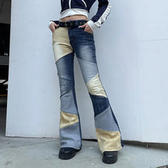 LIZAKOSHT  -  Flare Jeans Contrast Patchwork Low Waist Women'S High Street Vintage Y2K Skinny Blue Denim Trouser Harajuku Outfits