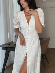 LIZAKOSHT  -  Elegant Hollow Out Dress For Women Fashion White V-neck Single Breasted Short Sleeve Slim Female Dresses 2025 Summer Lady Robe